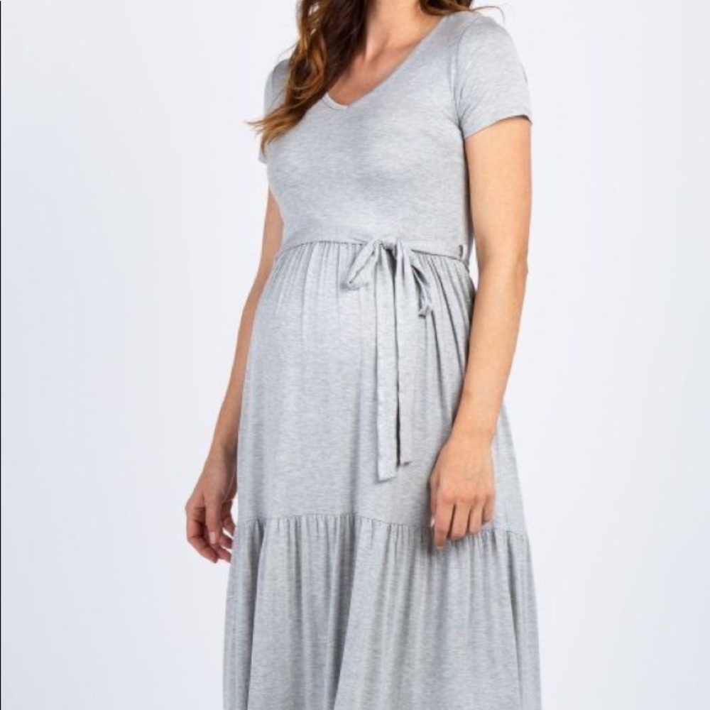 Gray Sash Tie Tiered Maternity Maxi Dress